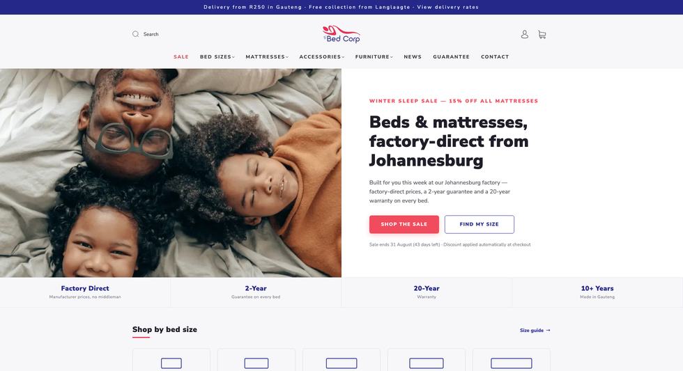 Bed Corp storefront — factory-direct beds and mattresses